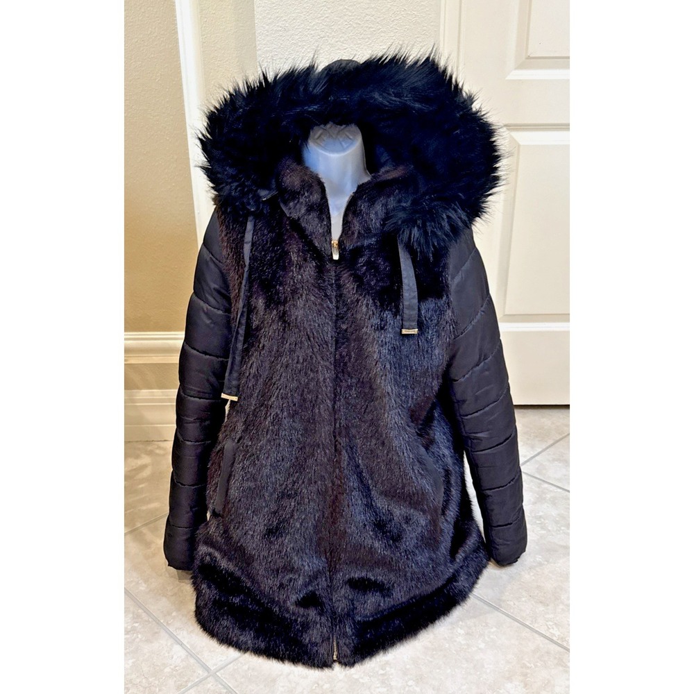 Via Spiga Dark Brown Faux‎ Fur Puffer Sleeves Coat Hooded Jacket Size M Retro